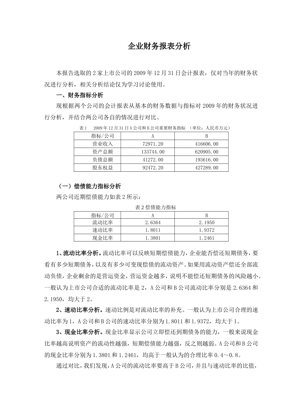 企业财务报表分析范例——两公司对比分析(同名18079)_第1页