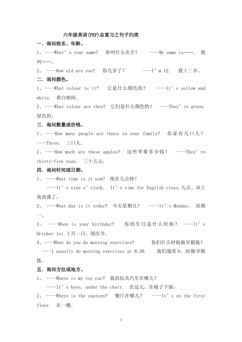 六年级英语(PEP)总复习之句子归类_第1页