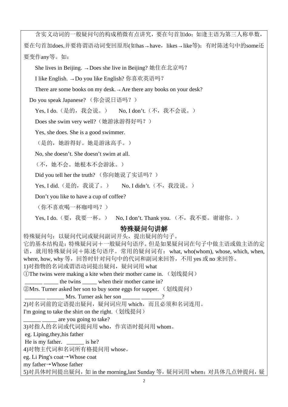 六年级英语毕业复习--一般疑问句及特殊疑问句_第2页