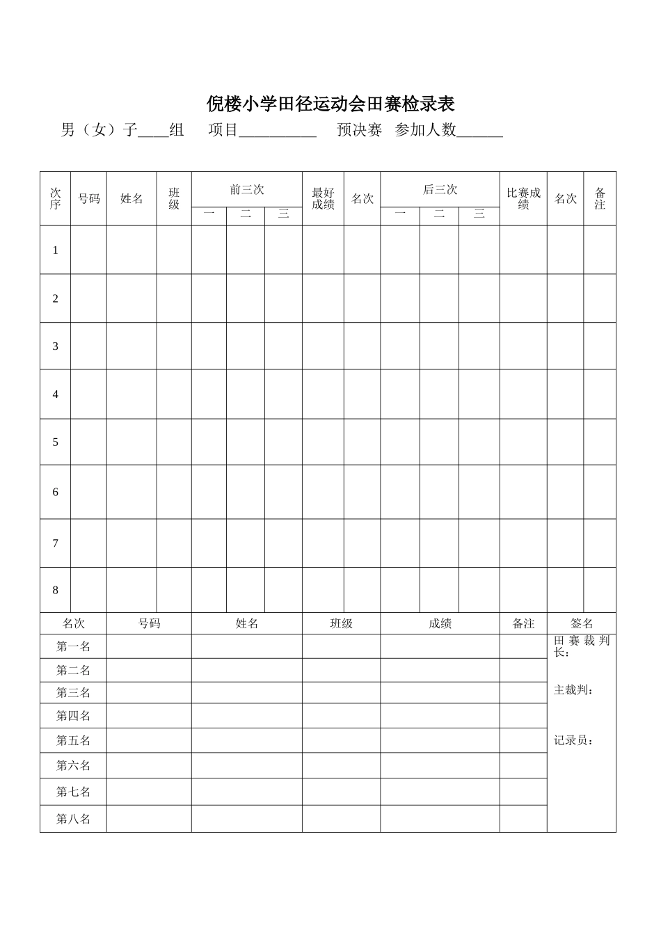 倪楼小学田径运动会各种记录表格_第1页