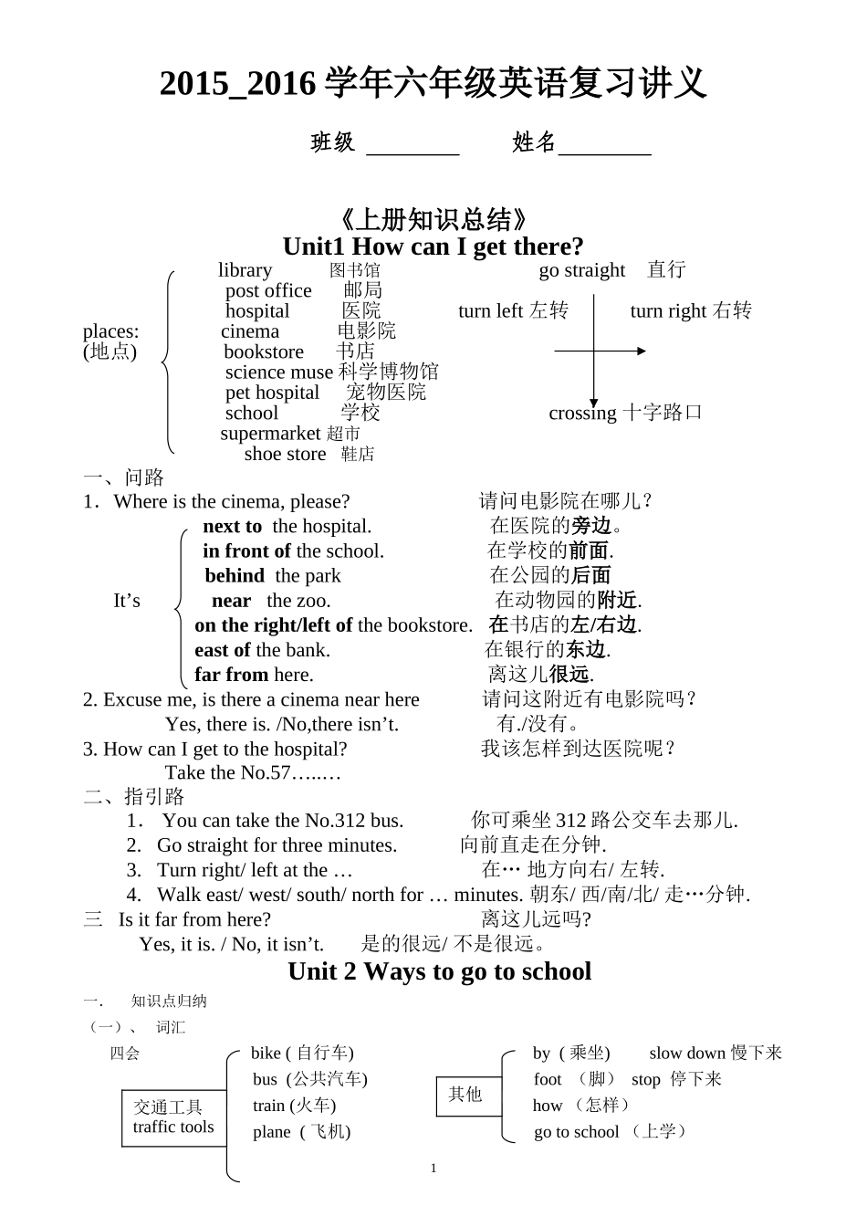 六年级英语上、下学期复习讲义_第1页