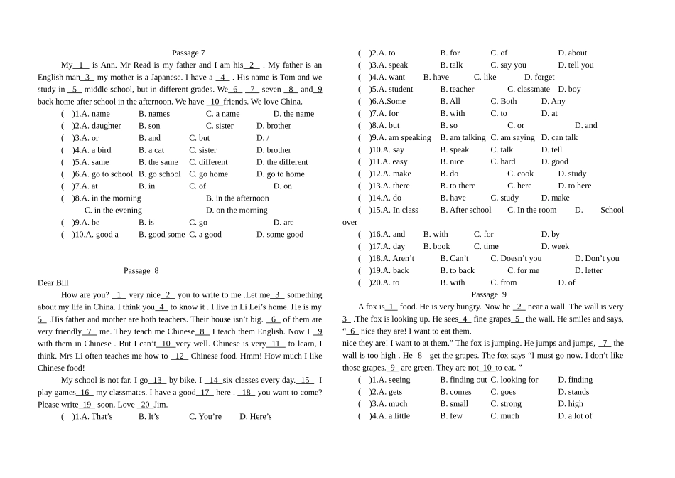 六年级英语完形填空15篇(含答案和讲解)_第3页