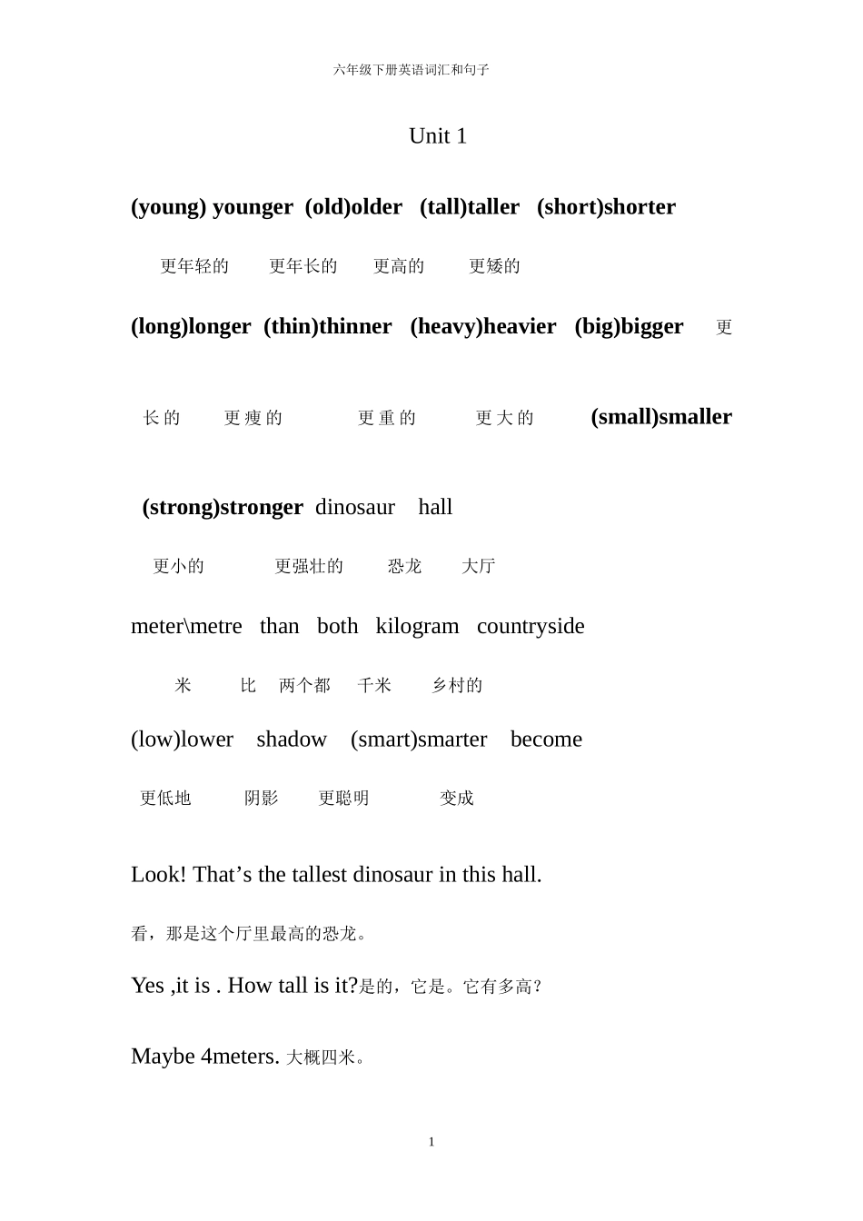 六年级英语下册词汇和句子_第1页