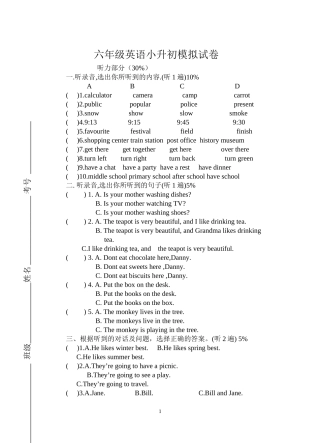 六年级英语小升初模拟试卷