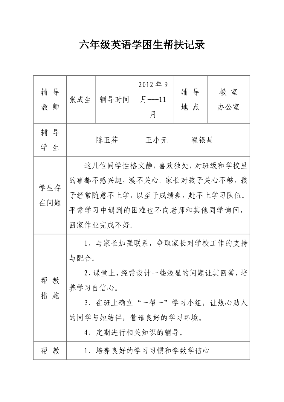 六年级英语学困生帮扶记录_第1页