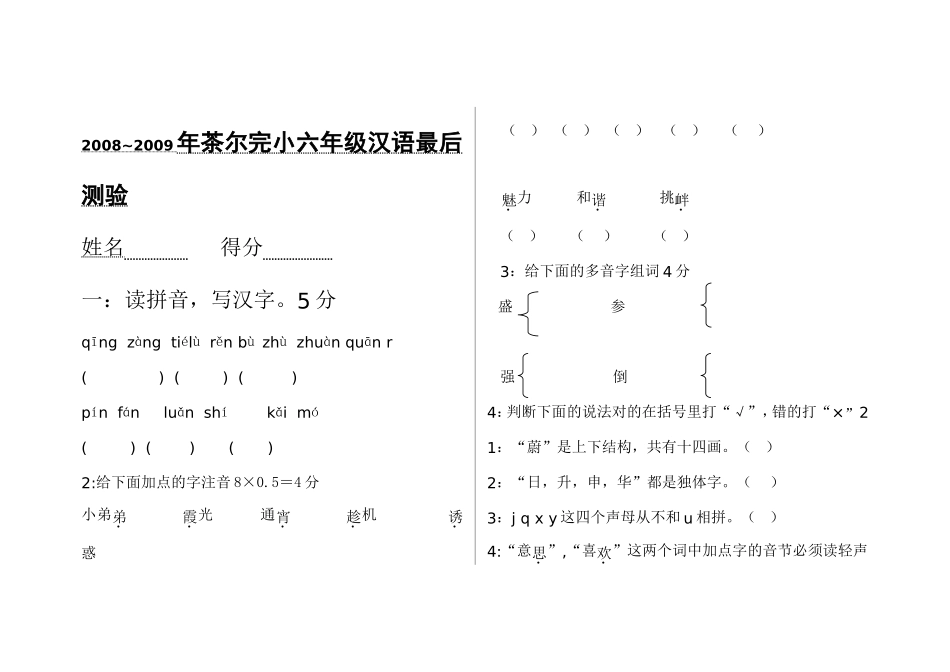 六年级最后汉语模拟考试_第1页