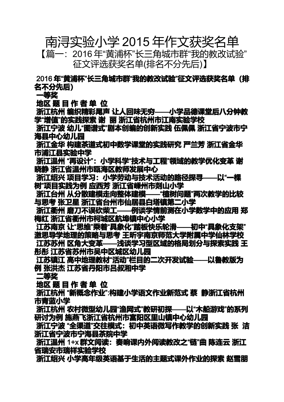 六年级作文之南浔实验小学2015年作文获奖名单_第1页