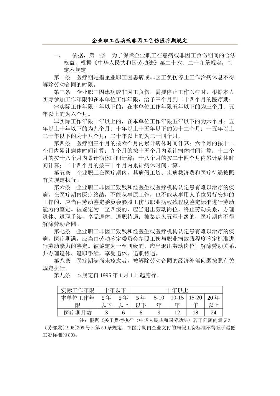 企业职工患病或非因工负伤医疗期规定_第1页