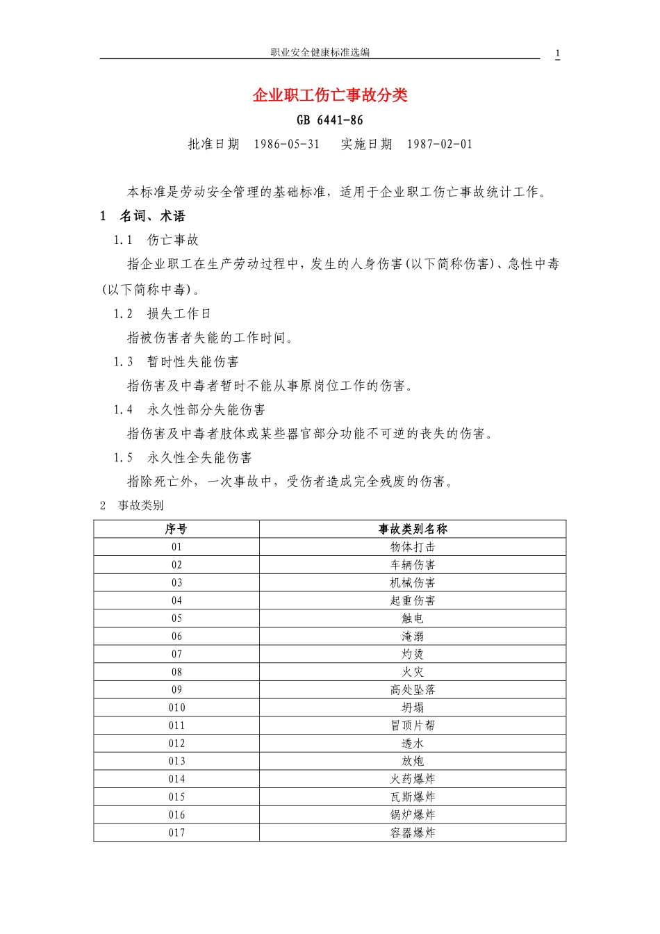 企业职工伤亡事故分类(GB6441-86)_第1页