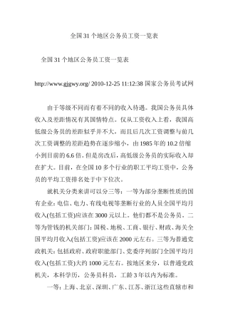 全国31个地区公务员工资一览表