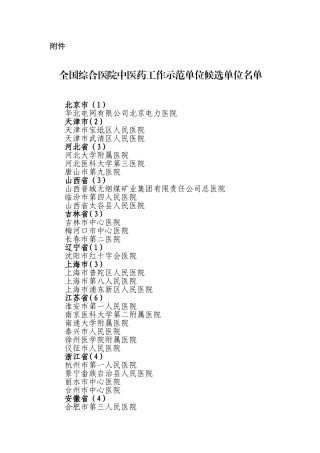 全国综合医院中医药工作示范单位候选单位名单