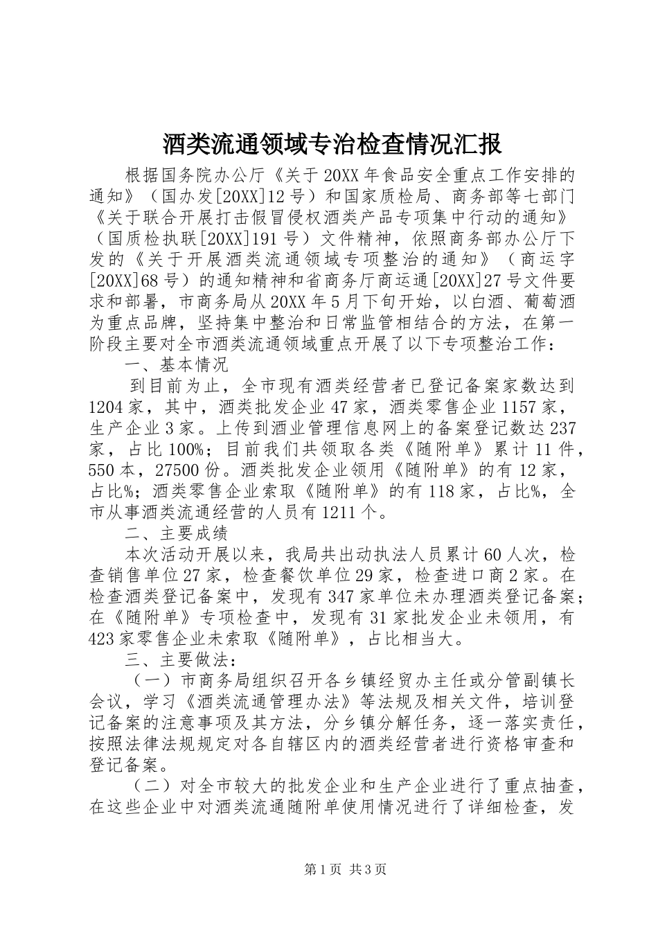 酒类流通领域专治检查情况汇报_第1页
