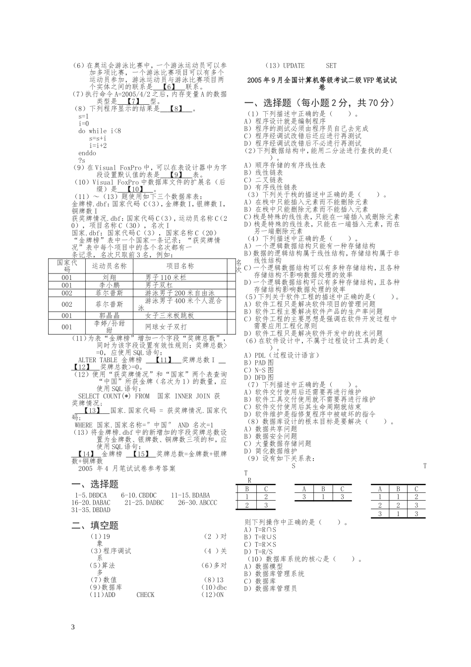 全国计算机二级VF真题及答案_第3页