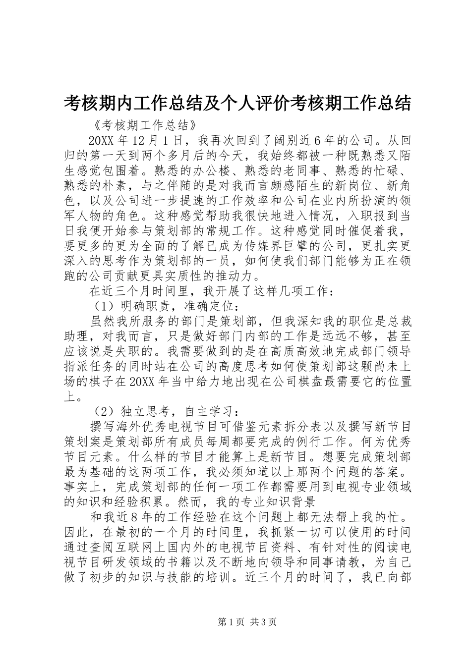 考核期内工作总结及个人评价考核期工作总结_第1页