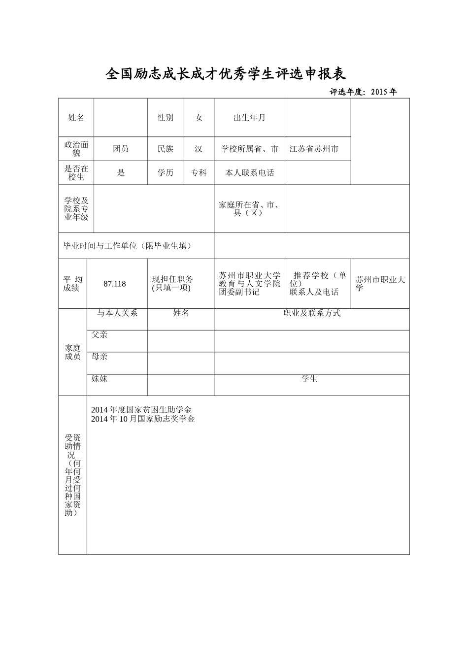 全国励志成长成才优秀学生评选申报表_第1页