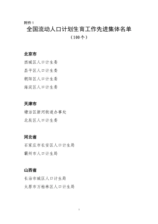 全国流动人口计划生育工作先进集体名单