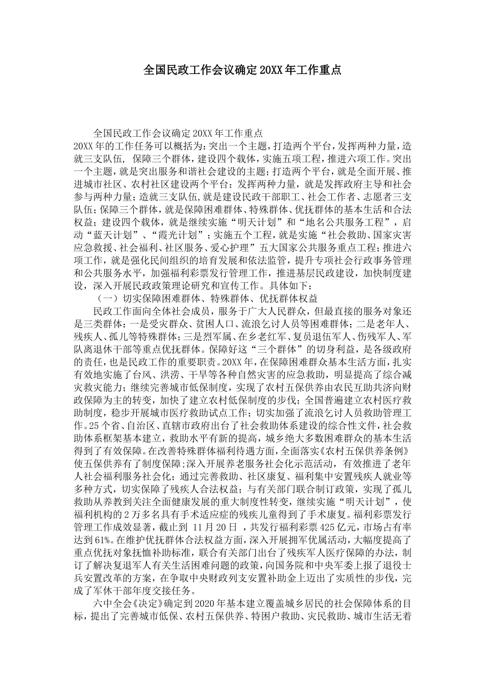 全国民政工作会议确定20XX年工作重点-模板-0_第1页