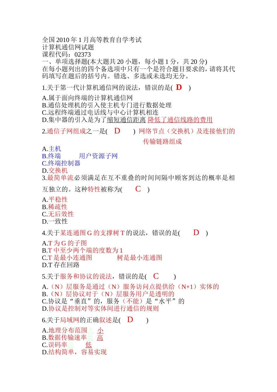 全国2010年1月高等教育自学考试计算机通信网_第1页
