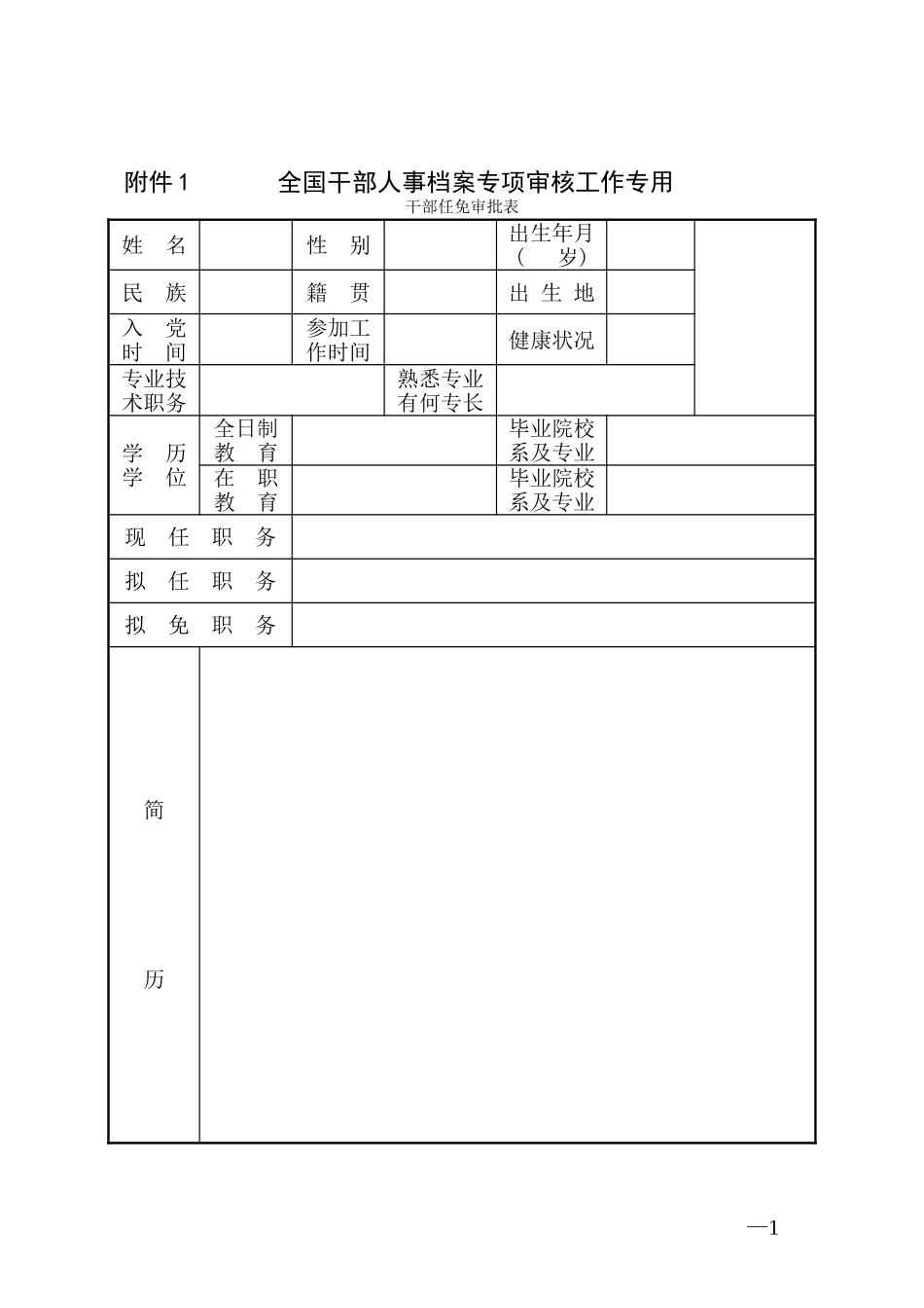 全国人社局发《干部任免审批表》-(样表)_第1页