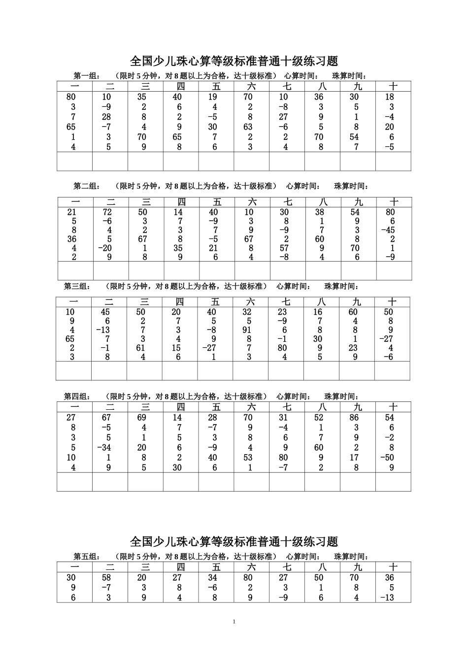 全国少儿珠心算等级标准普通十级练习题(同名21831)_第1页