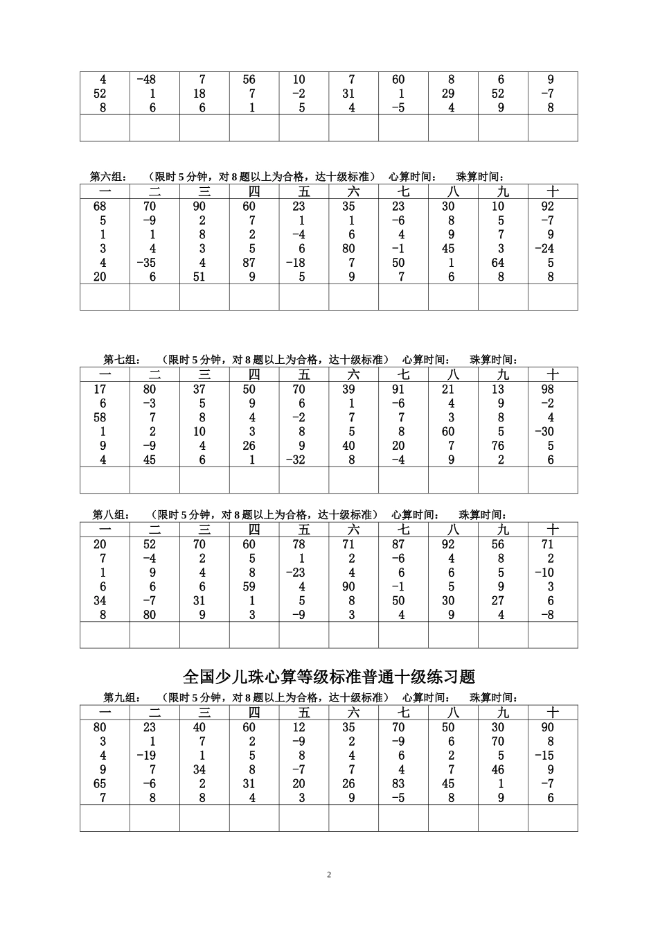 全国少儿珠心算等级标准普通十级练习题(同名21831)_第2页