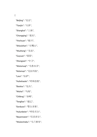 全国市级城市中文-拼音对照表(json格式)