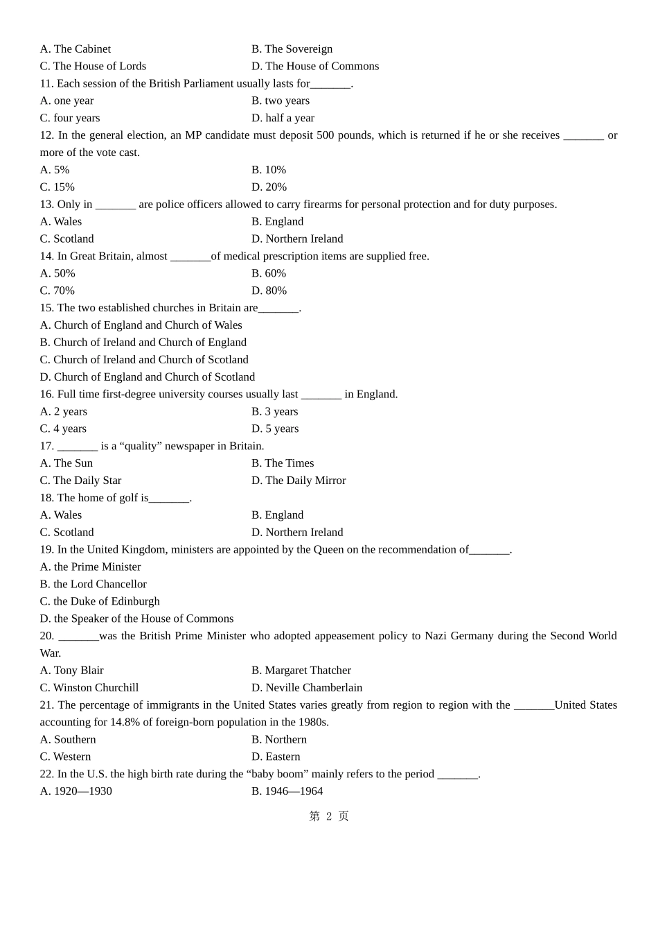全国2011年4月自学考试英语国家概况试题及答案_第2页
