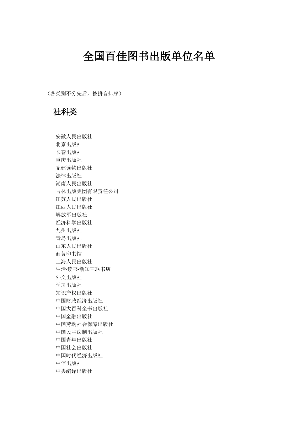 全国百佳图书出版单位名单_第1页