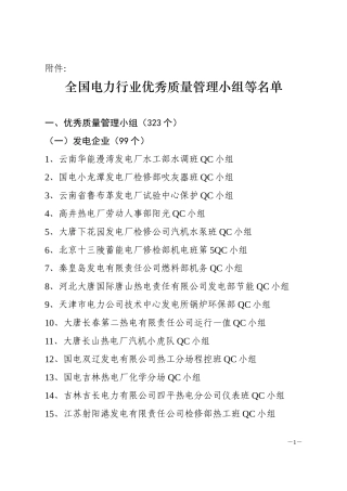全国电力行业优秀质量管理小组等名单