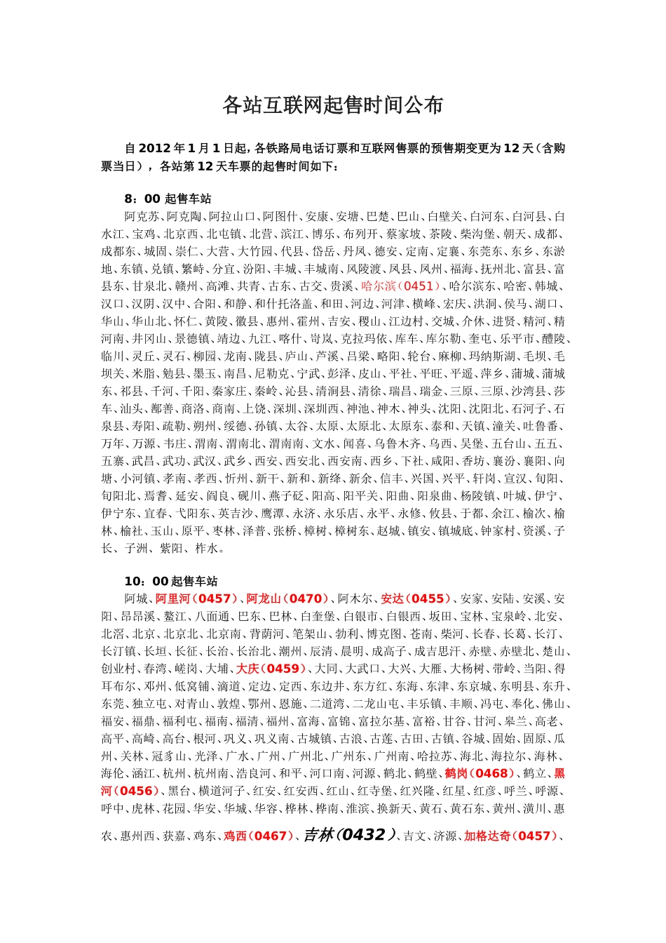 全国各地火车票预售时间201201_第1页