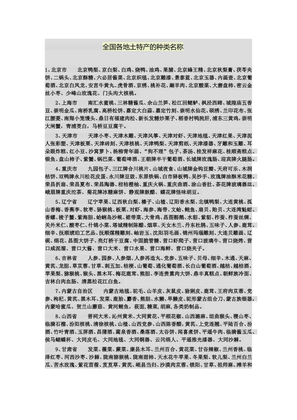全国各地土特产的种类名称_第1页