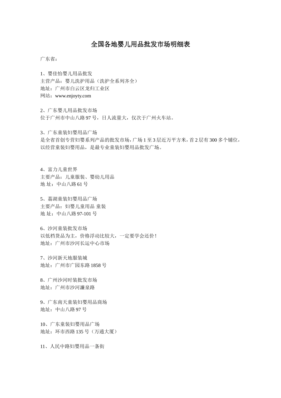 全国各地婴儿用品批发市场明细_第1页