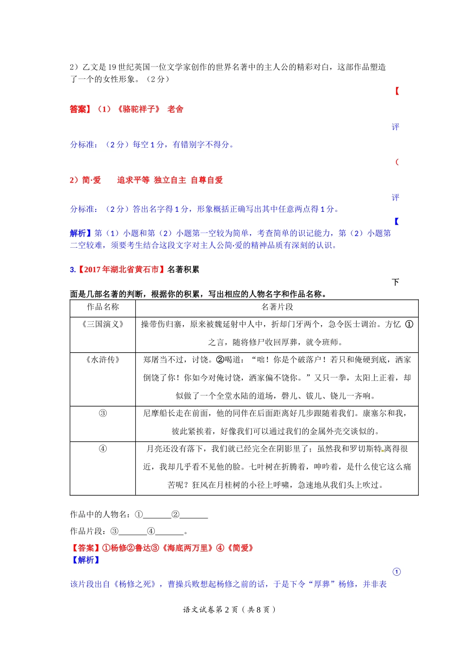 全国各省市2017年中考语文真题汇编—名著导读_第2页
