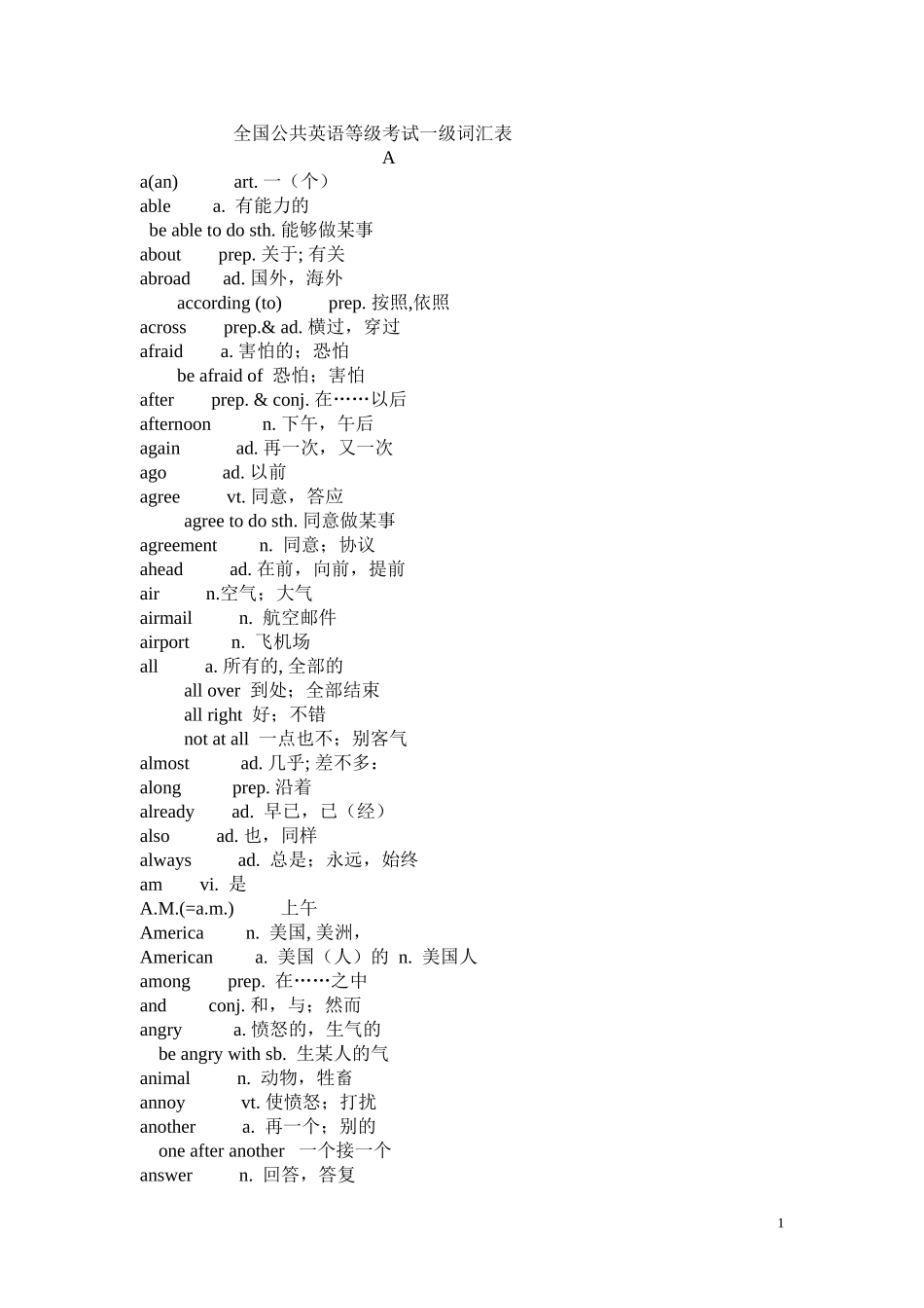 全国英语等级考试一级词汇表_第1页