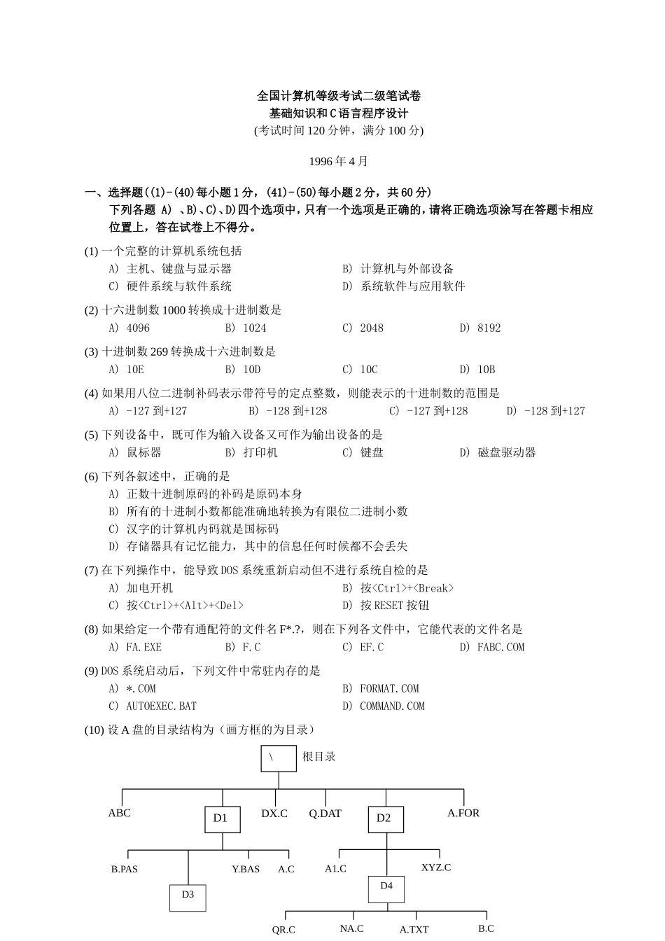 全国计算机等级考试二级笔试试卷基础部分和C语言程序设计1996年4月_第1页