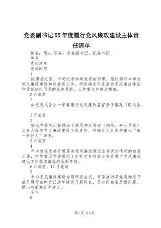 党委副书记年度履行党风廉政建设主体责任清单