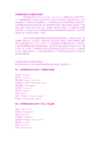 全球奢侈品牌100强