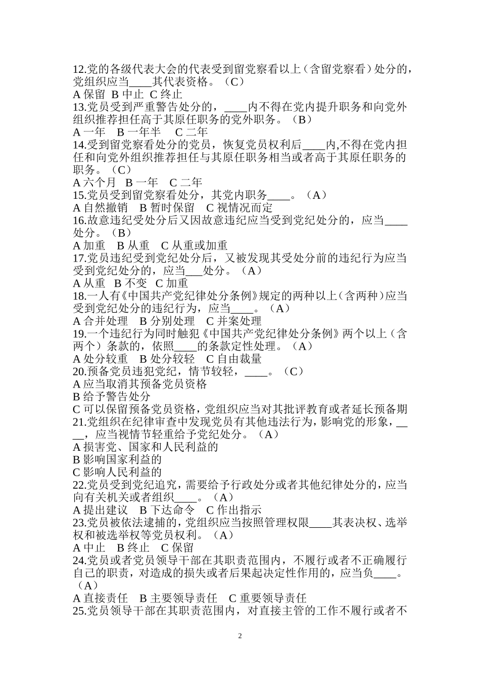 全省党员学习《中国共产党廉洁自律准则》《中国共产党纪律处分条例》知识竞赛试题及答案_第2页