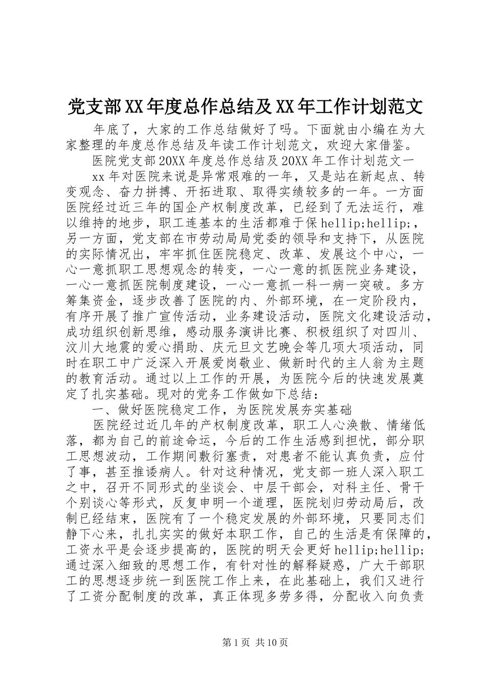 党支部年度总作总结及工作计划范文_第1页