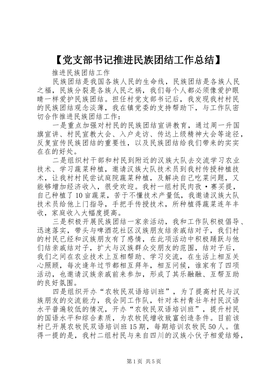 党支部书记推进民族团结工作总结_第1页