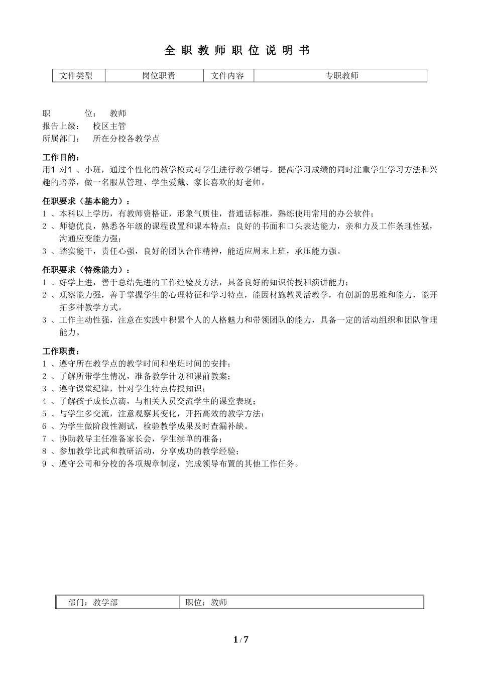 全职老师岗位说明书_第1页