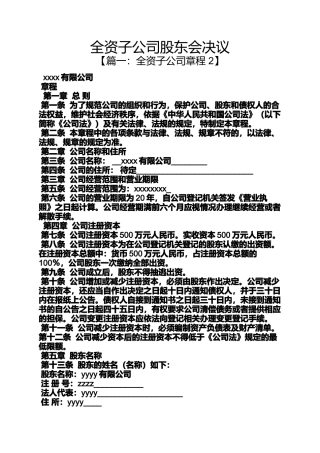 全资子公司股东会决议