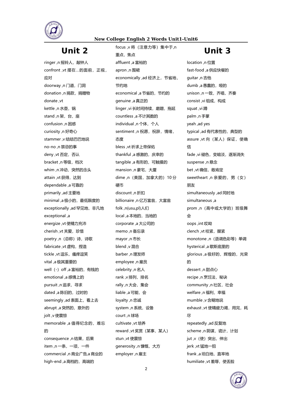 全新版大学英语(第二版)综合教程-2-学生用书-单词表-Unit1-Unit6_第3页