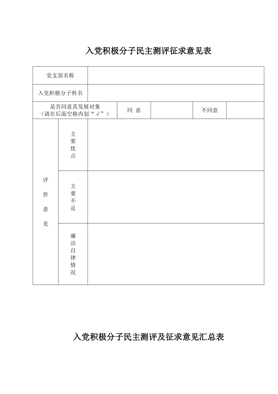 入党积极分子民主测评征求意见表_第1页