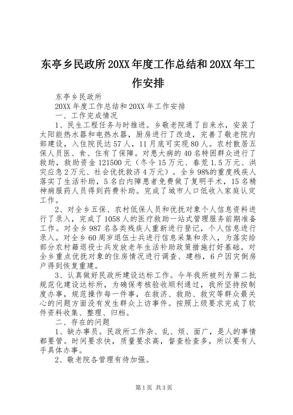 东亭乡民政所年度工作总结和工作安排_第1页