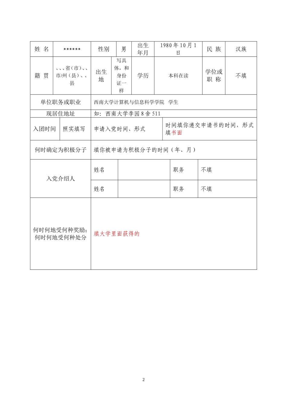入党积极分子培养考察登记簿(范例)_第2页