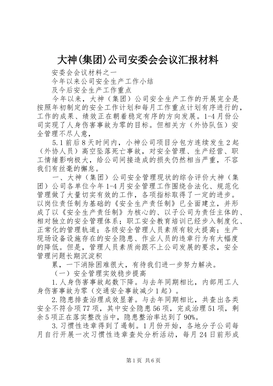 大神集团公司安委会会议汇报材料_第1页