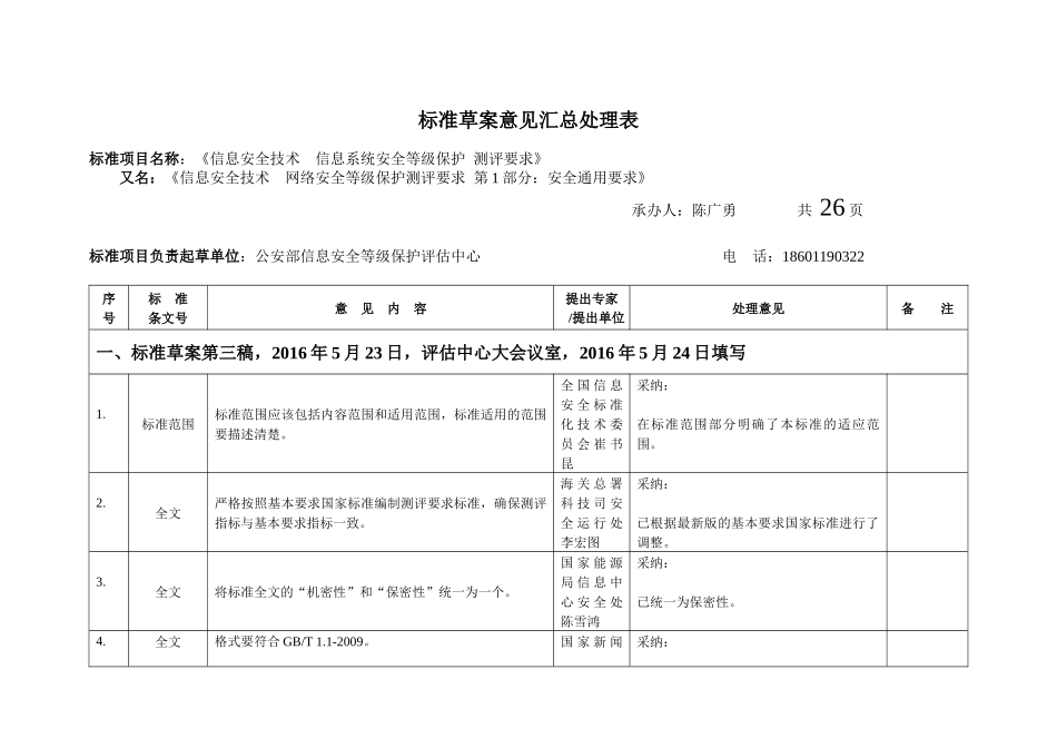 信息安全技术-网络安全等级保护测评要求-第1部分：安全通用要求-意见处理表_第1页