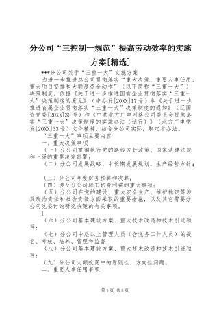 分公司三控制一规范提高劳动效率的实施方案