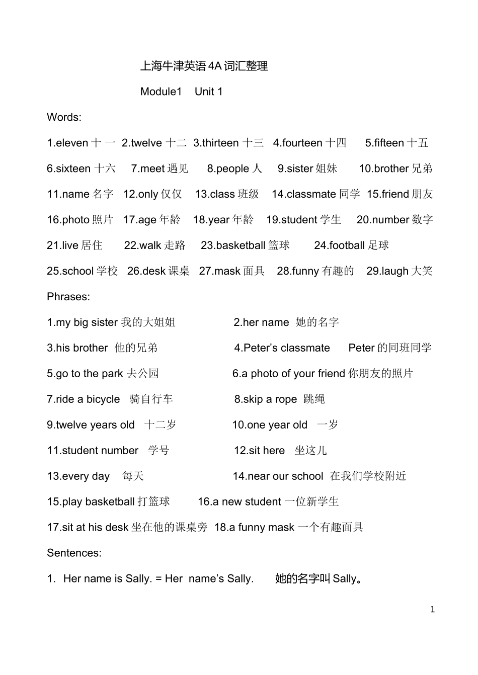 修订版上海牛津英语4A-各unit-词汇整理_第1页